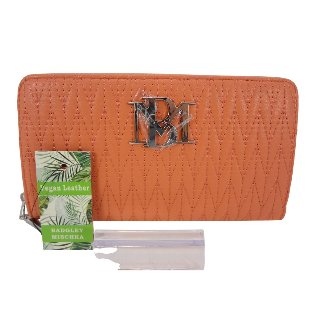 Badgley Mischka Wallet Coral NEW Quilted Vegan Leather Zip Around